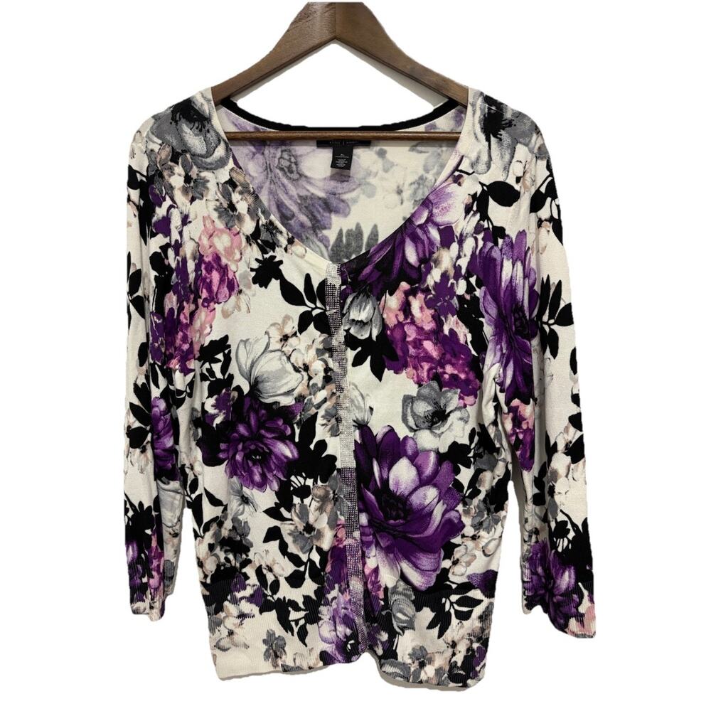 White House Black Market XL Floral Embellished Cardigan Sweater Top
